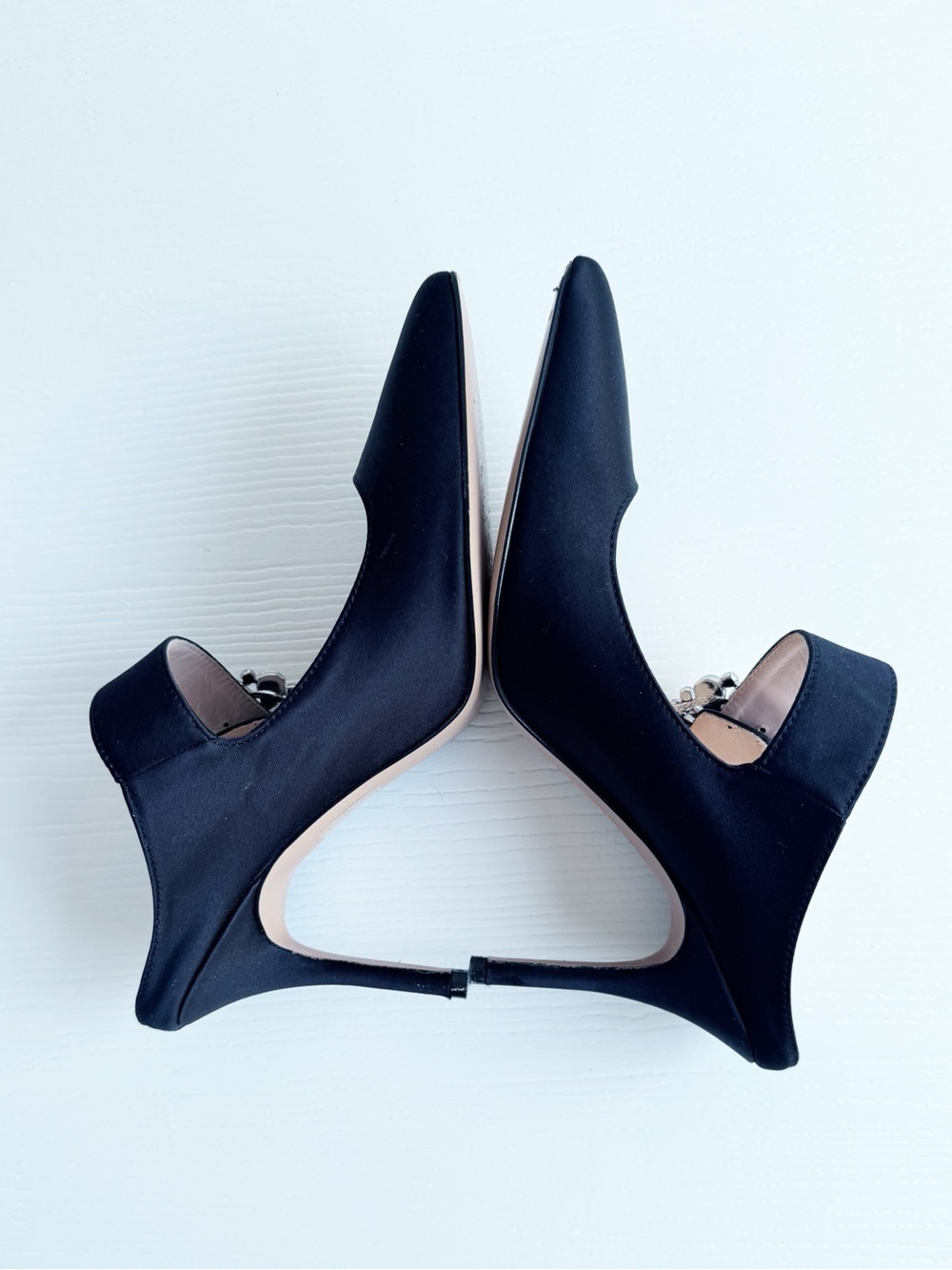 J.Crew Elsie Mary Jane Satin Mules Jewel Buckle Black Heels Made in Italy Size 6 - Picture 5 of 12